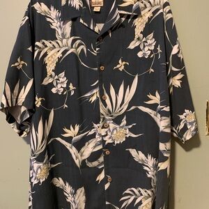 Tommy Bahama LG Men's Floral Navy Shirt 100% Silk Button Up Loose, Relaxed Fit